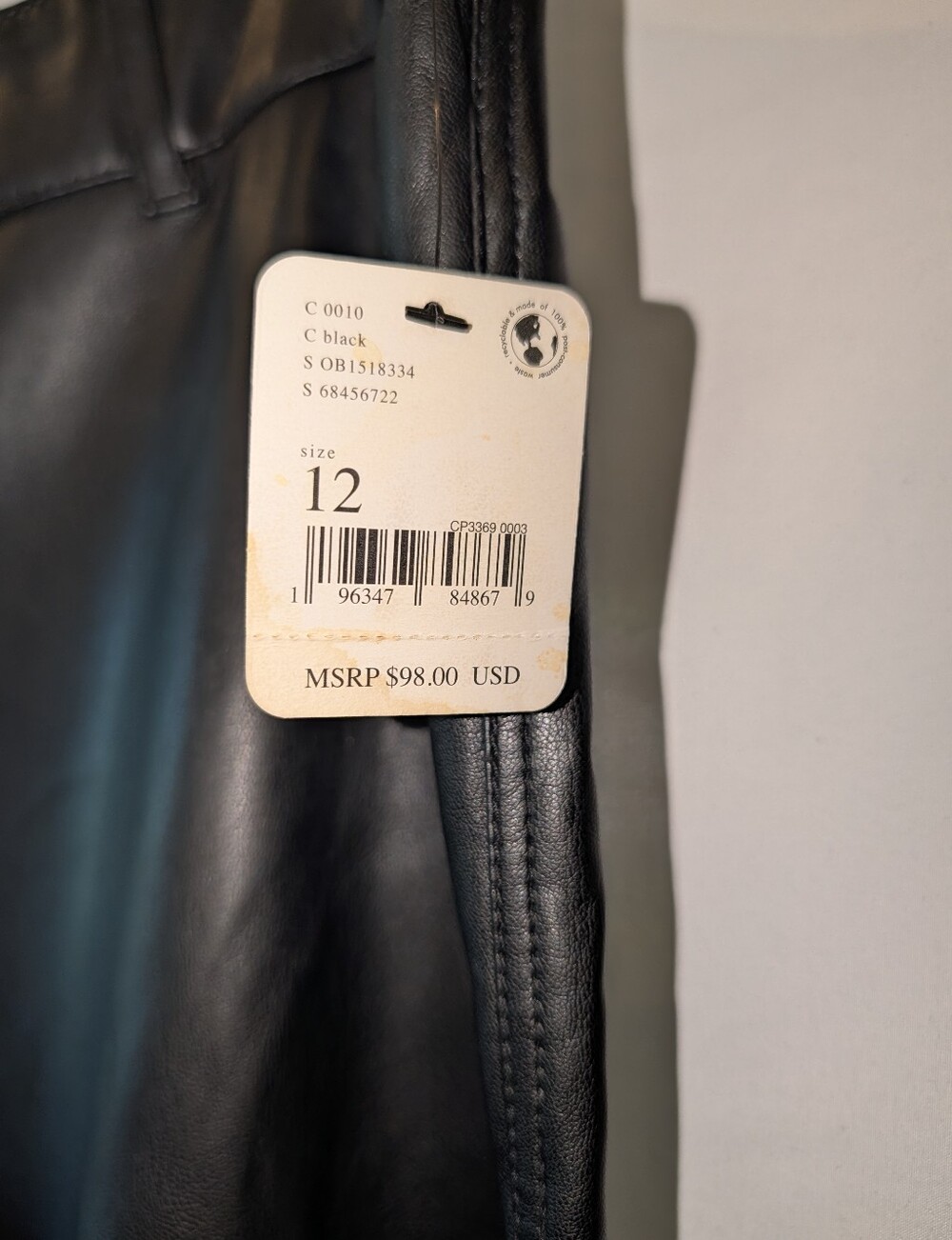 Free People Black Vegan Leather Straight Leg Pants OB1518334 Size 12 NWT - Picture 2 of 9